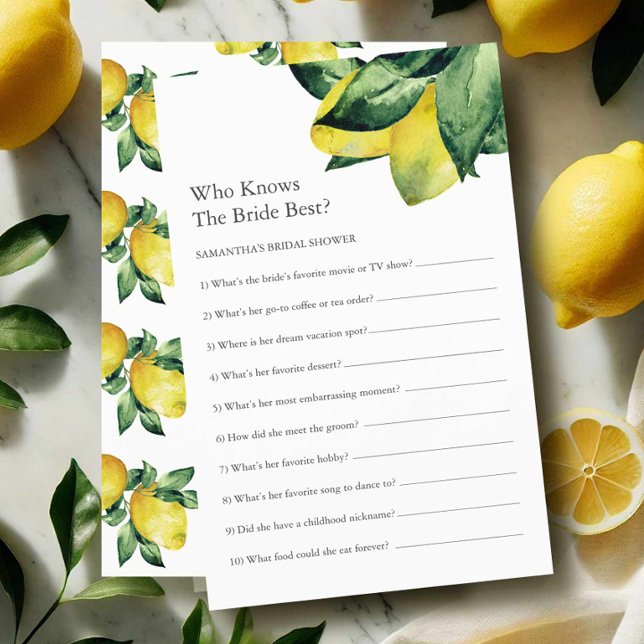 Flyer Los juegos de ducha de la novia del limón (bridal shower games who knows the bride best features a watercolor lemon theme)