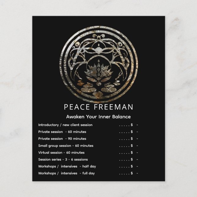 Flyer Lotus Quietud | Diseño de Mandala de Plata (Frente)