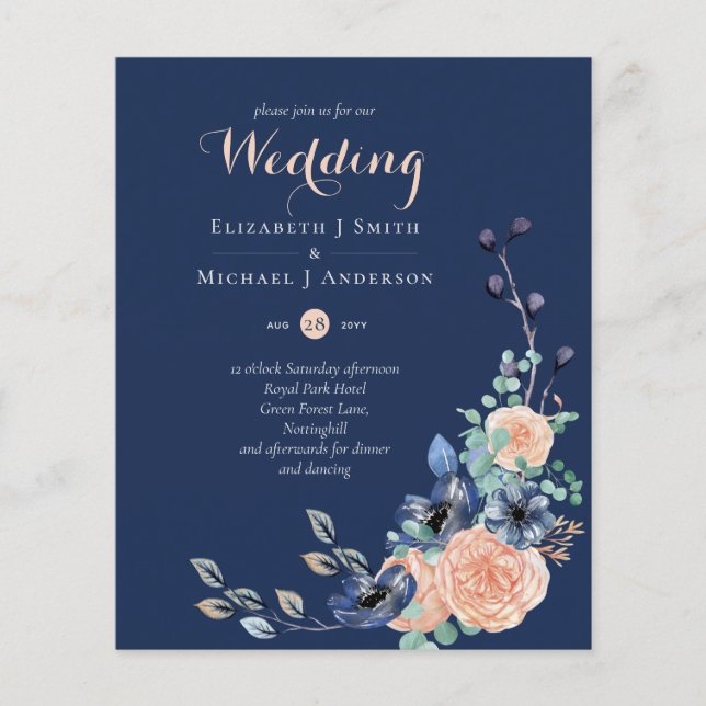 Flyer Lowest Budget Navy Coral Floral Wedding (Frente)