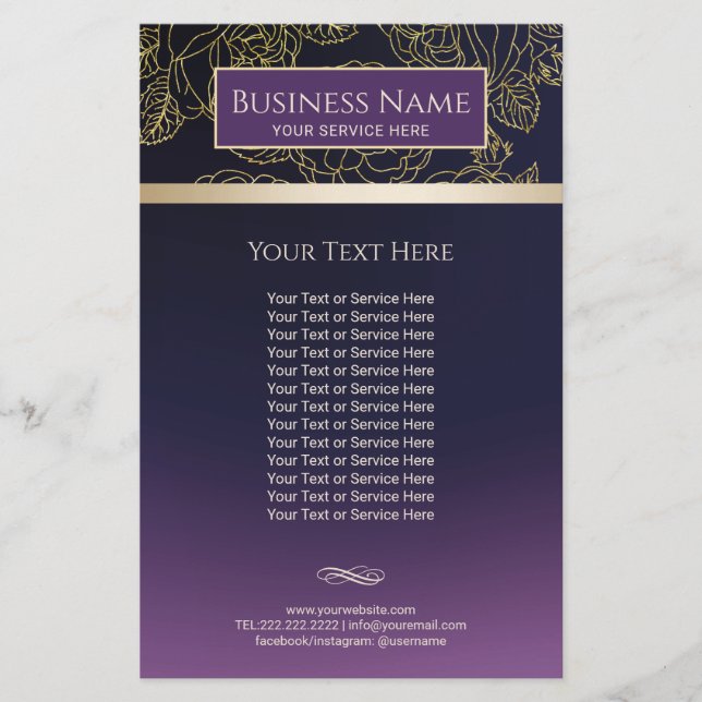 Flyer Lujo Patrón Floral Dorado Purple Salon & Spa (Frente)