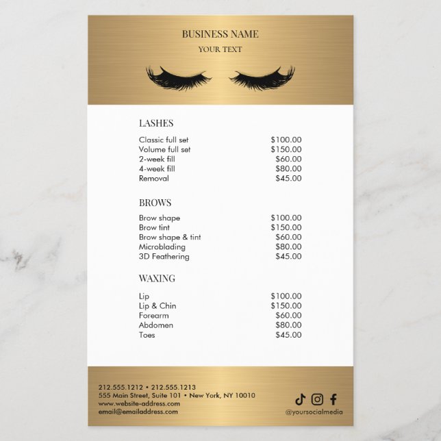Flyer Luxury white and Gold Salon Price List (Frente)