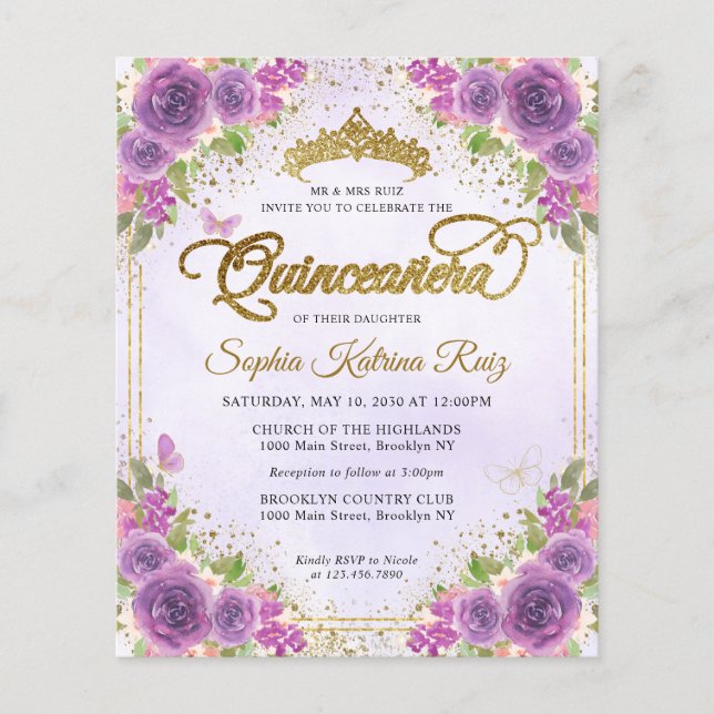 Flyer Luz floral barata oro morado Tiara Quinceañera (Frente)