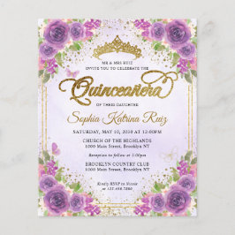 Flyer Luz floral barata oro morado Tiara Quinceañera