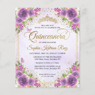 Flyer Luz floral barata oro morado Tiara Quinceañera