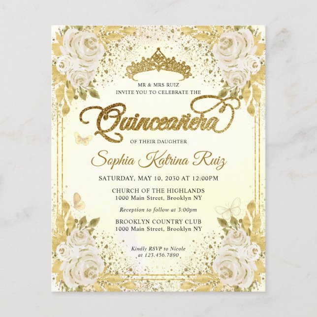 Flyer Luz floral barata oro morado Tiara Quinceañera (Frente)