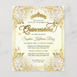 Flyer Luz floral barata oro morado Tiara Quinceañera