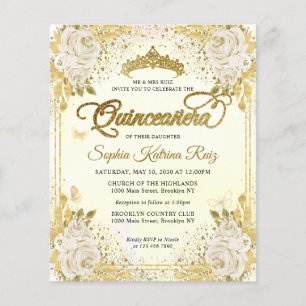Flyer Luz floral barata oro morado Tiara Quinceañera