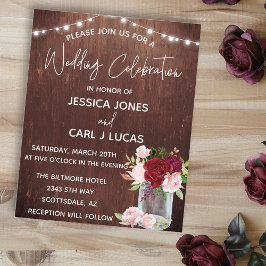 Flyer Madera Borgoña Rubor Rosa Rosa Mason Jar Luces Inv