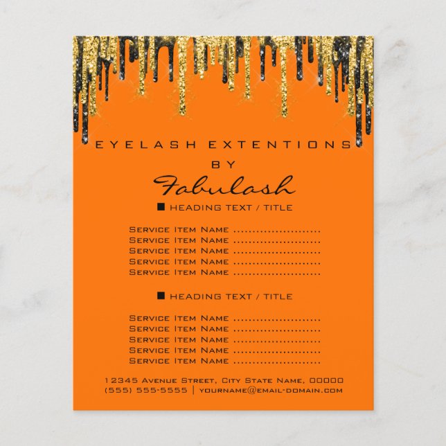 Flyer Makeup Beauty Price List Gold Black Drips Naranja (Frente)