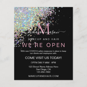 Flyer Makeup Elegante Rosa Holográfico Purpurina de oro 