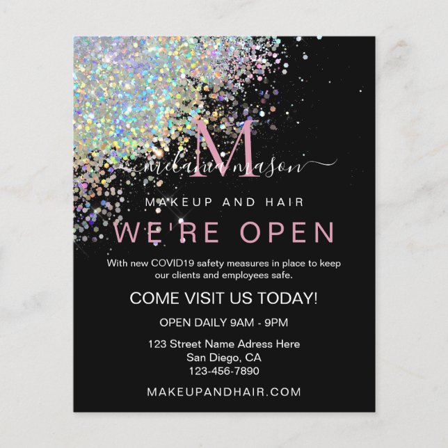 Flyer Makeup Elegante Rosa Holográfico Purpurina de oro  (Frente)