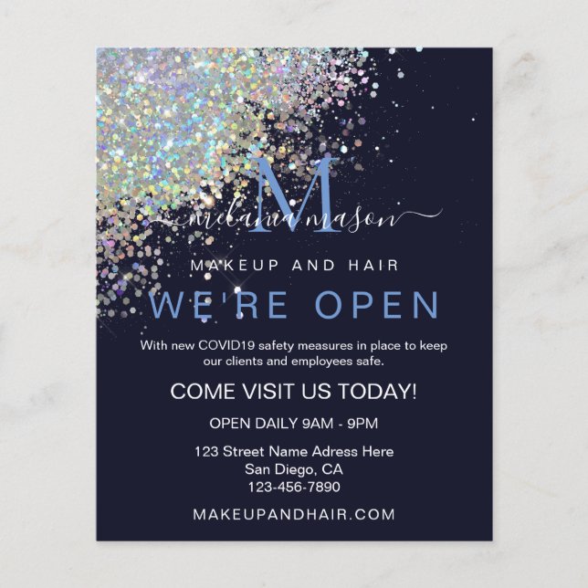 Flyer Makeup Elegante Rosa Holográfico Purpurina dorado  (Frente)