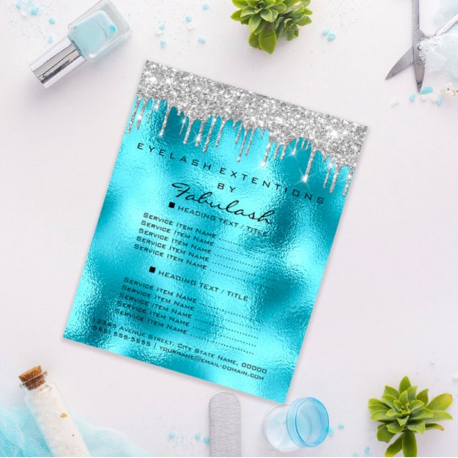 Flyer Makeup Salón de belleza Purpurina plata Blu Drips (Makeup Beauty Salon Silver Glitter Blu Drips Flyer)