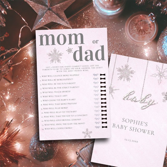 Flyer Mamá o papá adivinan juego Baby Shower Invierno ro (mom or dad baby shower game pink christmas winter girl invitation rhinestones glitter snowflakes)