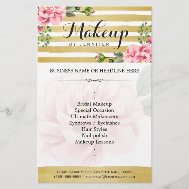 Flyer Maquillaje Artista Salon Acuarela Floral Oro a ray (Frente)