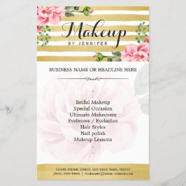 Flyer Maquillaje Artista Salon Acuarela Floral Oro a ray