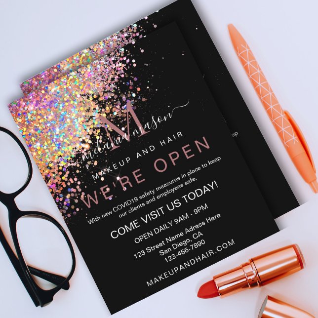 Flyer Maquillaje Elegante Holográfico Rosa Dorado Brillo (Subido por el creador)