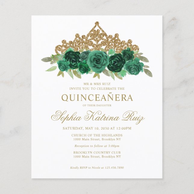 Flyer Maravilla floral de esmeralda verde Tiara Quinceañ (Frente)