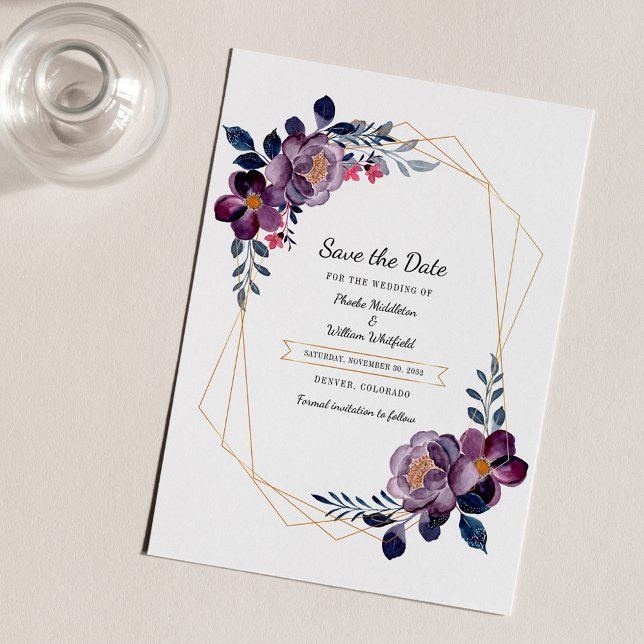 Flyer Marco Geométrico Floral Púrpura Presupuestado Guar (Purple Floral Watercolor Geometric Save the Date Flyer)