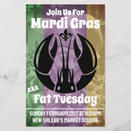 Flyer Mardi Gras Fat Martes Crawfish Verde Purple Gold