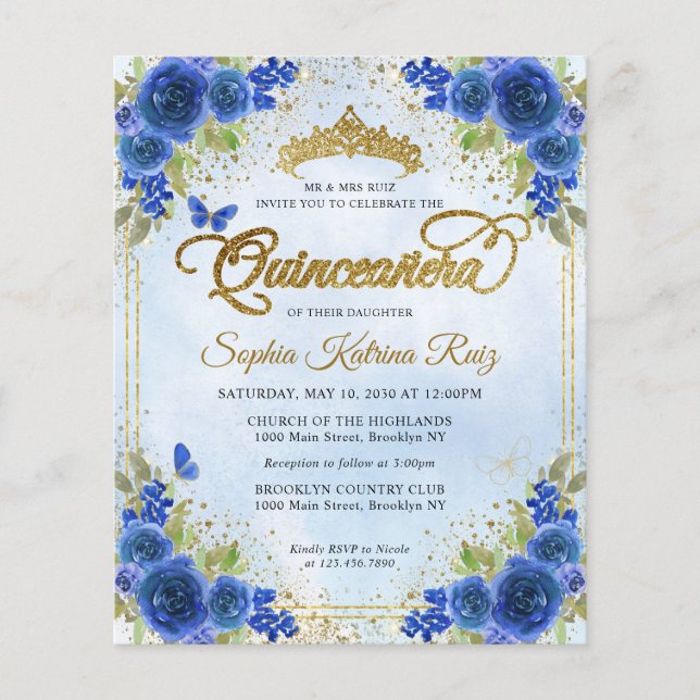 Flyer Marina Floral Azul Oro Azul Tiara Quinceañera (Frente)