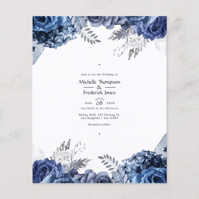 Flyer Marina y blanco con Boda floral Relieve metalizado (Frente)