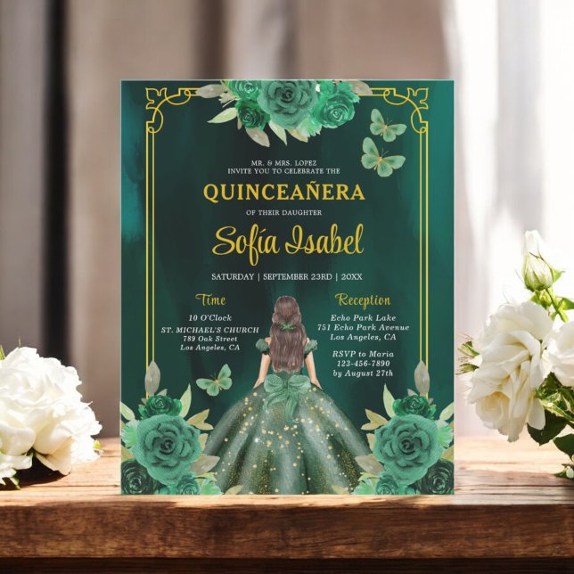 Flyer Mariposa Floral Esmeralda Verde Oro Quinceanera (Subido por el creador)