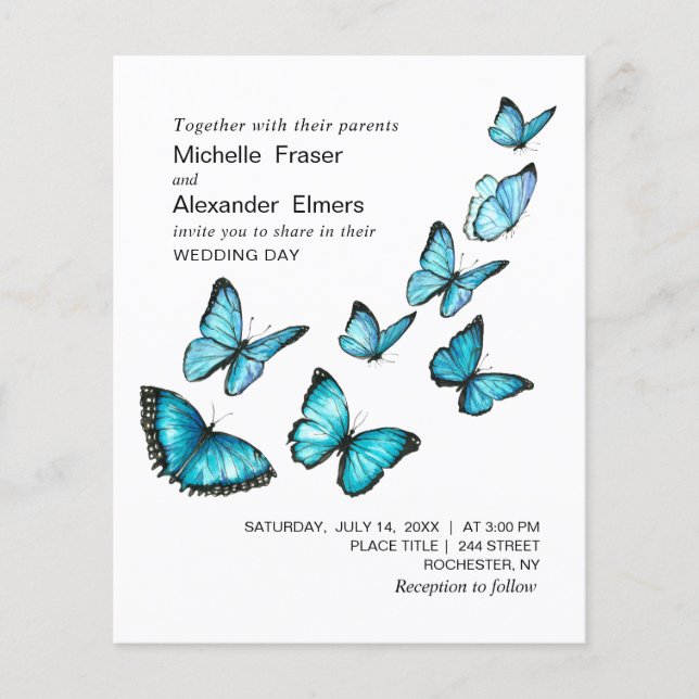 Flyer Mariposas azules y románticas. Boda elegante y air (Frente)