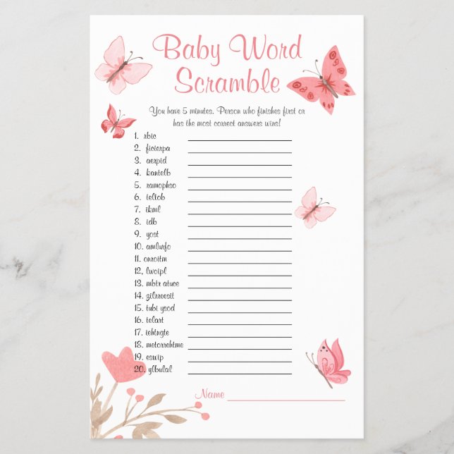 Flyer Mariposas rosadas de juego de cramble de Baby Show (Frente)