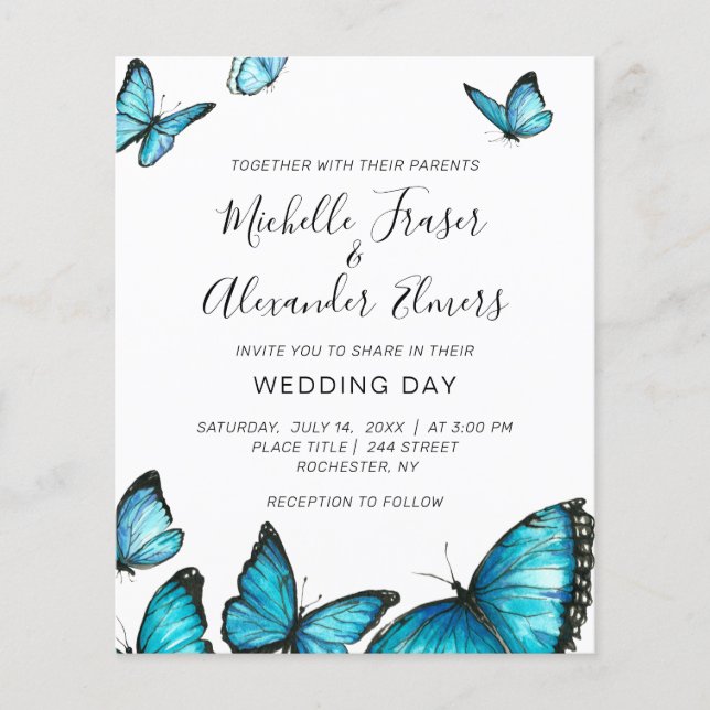 Flyer Mariposas trendy de acuarela azul. Invita de boda (Frente)