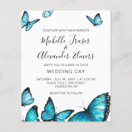 Flyer Mariposas trendy de acuarela azul. Invita de boda
