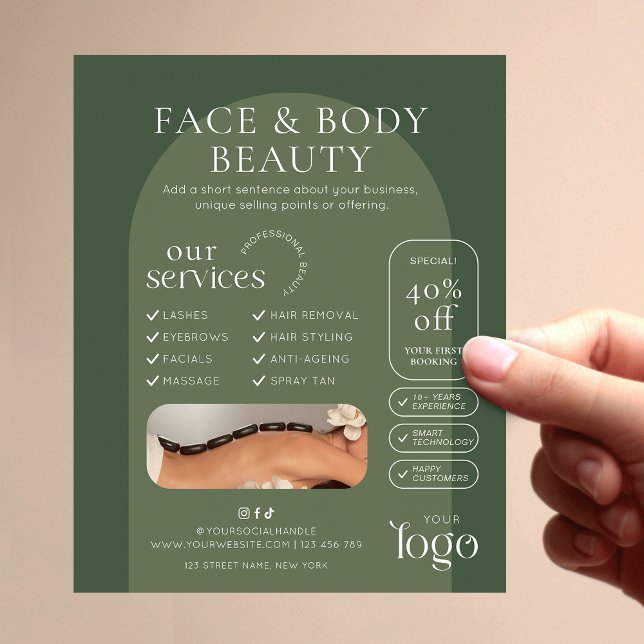 Flyer Marketing de Salón de Belleza Boho Verde Moderno (Trendy boho arch business marketing flyer in earthy sage green tones)
