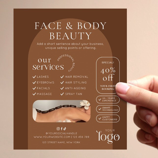 Flyer Marketing de Salón de Belleza Spa Bohemio Moderno (Trendy boho arch business marketing flyer in earthy terracotta tones)