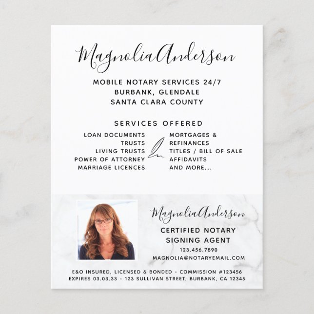 Flyer Mármol de servicio de notario móvil (Frente)