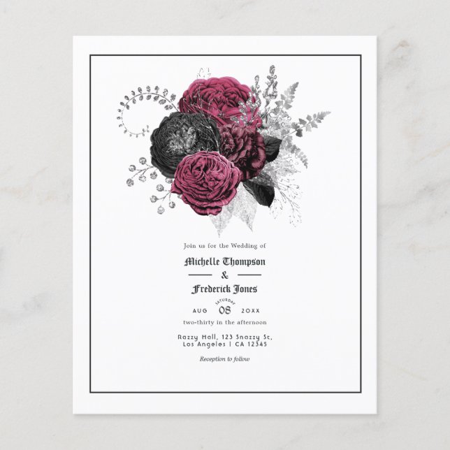 Flyer Marsala, Boda gótico floral negro y plateado (Frente)