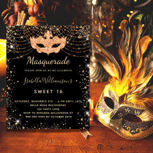 Flyer Mascarada oro negro Sweet 16 invitación al presupu