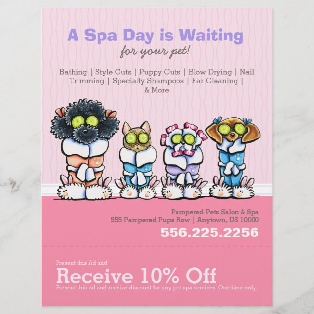 Flyer Mascota Groomer Spa Perros Gato Roba Cupón Rosa (Frente)
