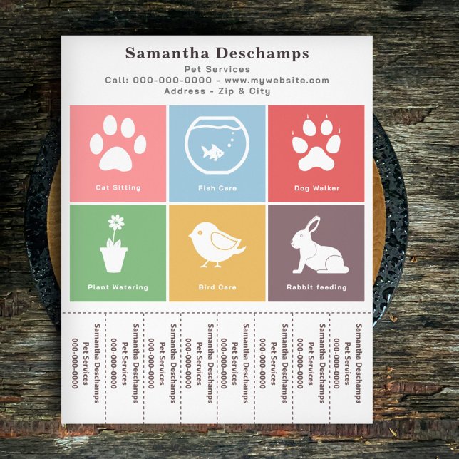 Flyer Mascota Servicios y Cuadrados de color Desgarrar t (Pet Services & Color Squares Tear Off Strips Flyer)