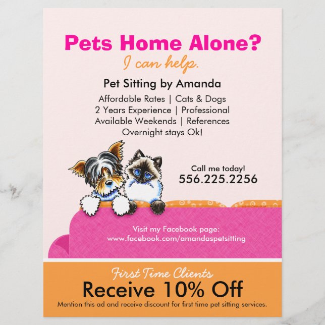 Flyer Mascota Sitter Coupon Ad Yorkie Cat Couch Pink (Frente)