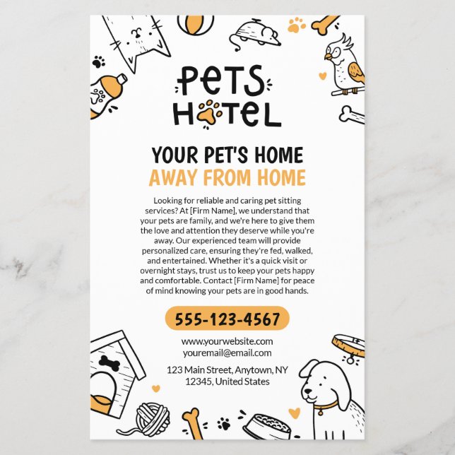 Flyer Mascotas estilo Doodle Hotel / Mascota Sitting (Frente)