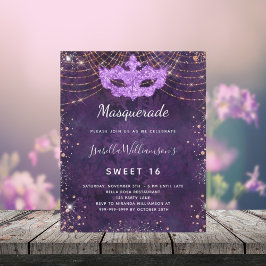 Flyer Masquerade oro morado Sweet 16 invitación al presu