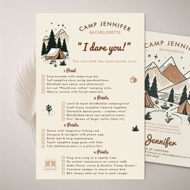 Flyer Me atrevo a jugar la fiesta de Bachelorette Camp (camping bachelorette party game dare you camp bach earth colors beige brown)