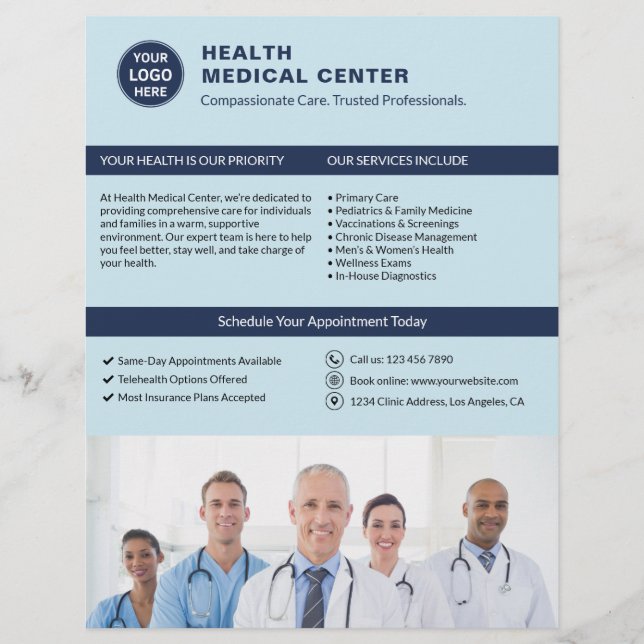 Flyer Médico clínico Personalizado de salud logotipo azu (Frente)