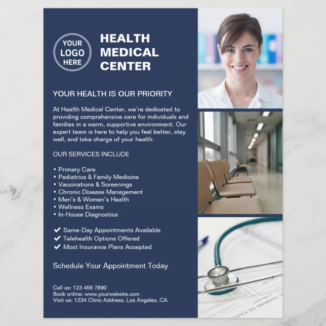 Flyer Médico de Clínica Moderna Logotipo de asistencia s (Frente)