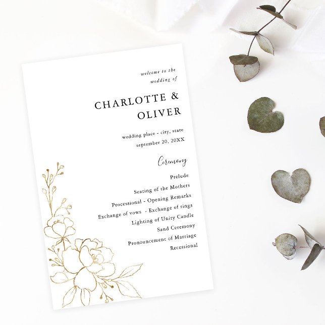 Flyer MEDIO de ceremonia de Boda floral con línea dorada (Subido por el creador)