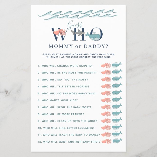 Flyer Mi mamá o papá juego bajo el mar Baby Shower (Frente)