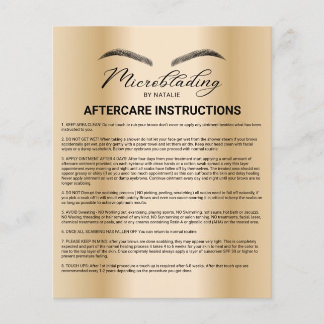 Flyer Microblading Aftercare Instruction Modern Gold (Frente)