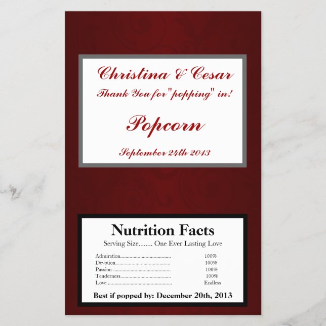 Flyer Microwave Popcorn Wrapper Dark Maroon Gray Swirls (Frente)