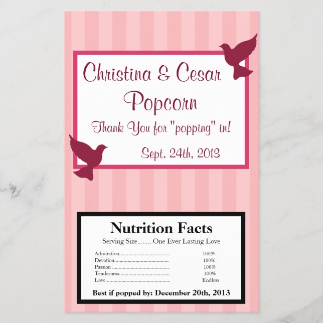Flyer Microwave Popcorn Wrapper Love Birds Pink Stripes (Frente)