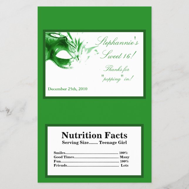 Flyer Microwave Popcorn Wrapper Sweet 16 Green (Frente)
